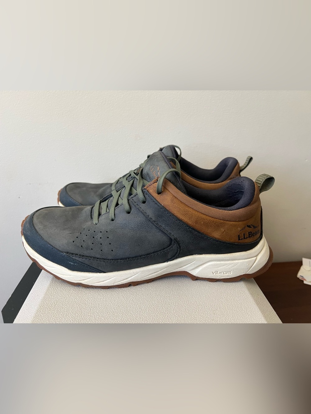 L.L. Bean Men's Navy and Brown Leather Lace-Up Sneakers - Picture 2 of 7
